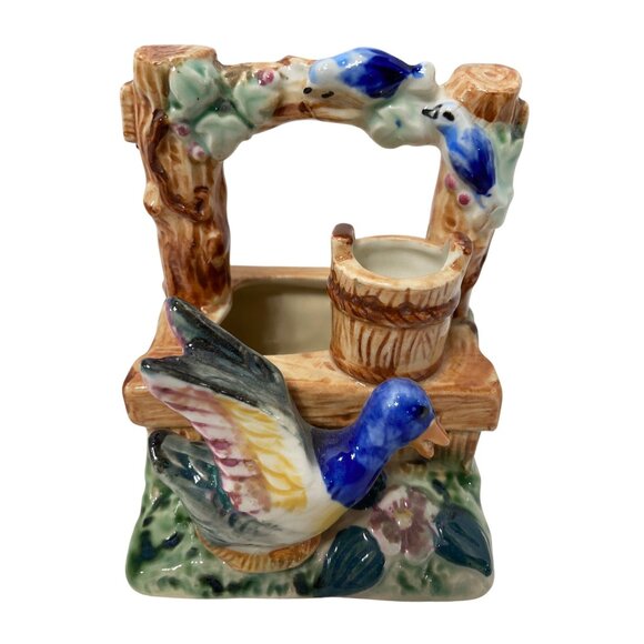 Vintage Ceramic Well With Bird Figurine & Small Bucket - Picture 1 of 7
